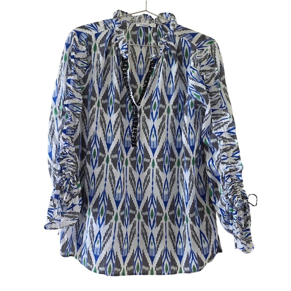 Chicos Ikat Print Beaded Blouse Blue Black White Womens Size 1 Medium Boho Tunic